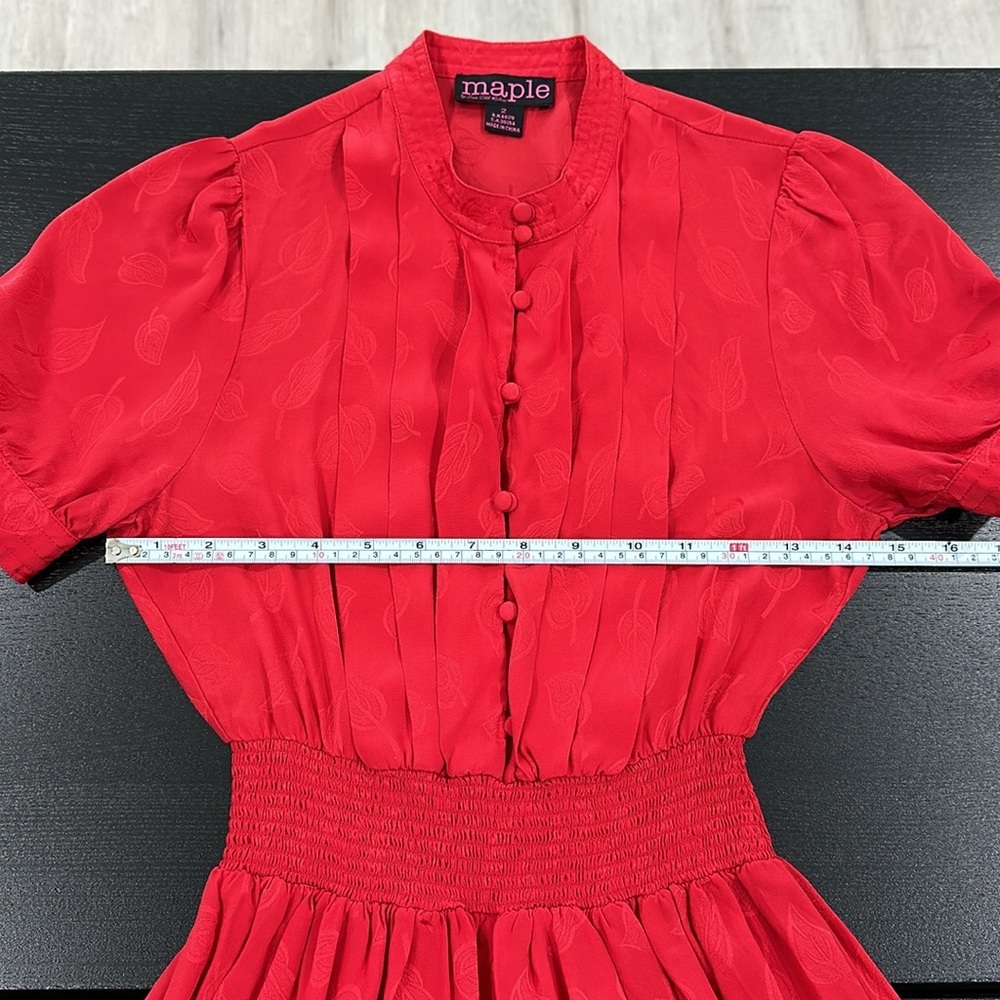 Anthropologie Maple 100% Silk Vintage Style Crimson Red Leaf Print Dress - 2 - Picture 9 of 9